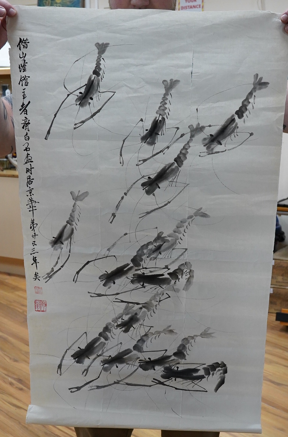 Four Chinese scroll pictures, one after Qi Baishi (1854-1967). Condition - fair